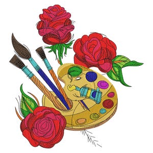 May include: Embroidered design featuring a painter's palette with paintbrushes and red roses. The palette is filled with colorful paint and a small bottle. The design is set against a white background.