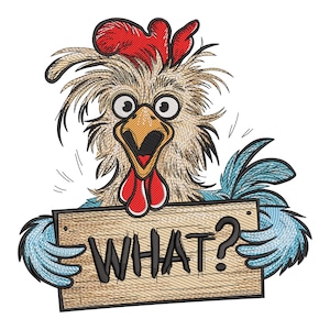 Puede incluir: Un gallo de dibujos animados con una cresta y una barbilla rojas sostiene un letrero de madera que dice "WHAT?" El gallo tiene una expresión de sorpresa en su rostro y sus plumas están revueltas.