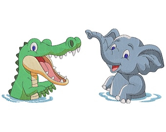 Crocodile and Elephant Embroidery Design, Animal Embroidery Design, Machine Embroidery Design File, Alligator embroidery Designs File