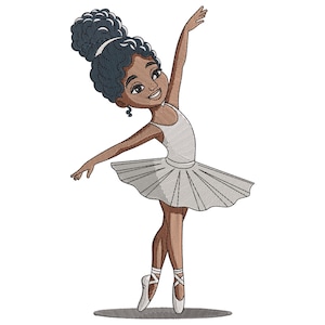 May include: A young girl with dark brown skin and dark curly hair is wearing a white leotard and a white tulle tutu. She is standing on her toes in a ballet pose with her arms raised above her head. She is wearing white ballet shoes.