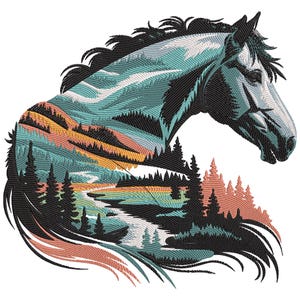 May include: A stylised embroidery design of a horse's head with a mountain landscape inside. The horse is black with a white face and the landscape is a mix of blues, greens, and oranges.