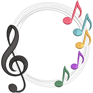 May include: A black treble clef and colorful musical notes surround a circular design. The notes are in shades of pink, teal, yellow, purple, and green. The design is on a white background.