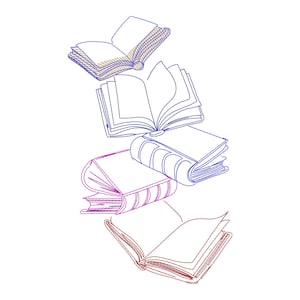 May include: A collection of five open books in various shades of blue and pink, with the pages fanned out. The books are arranged in a stack, with the top book being the most open.