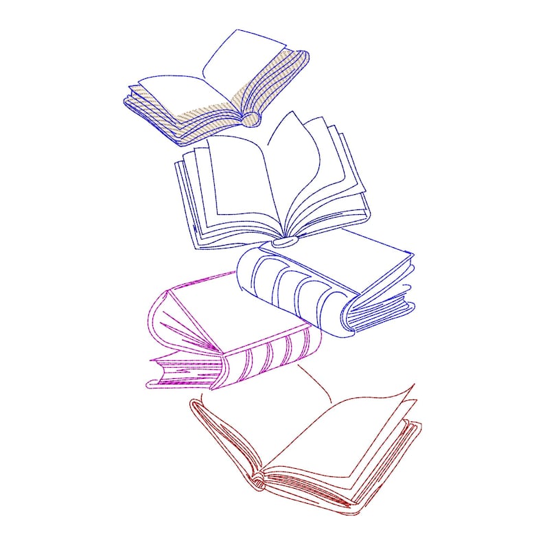 May include: A collection of five open books in various shades of blue and pink, with the pages fanned out. The books are arranged in a stack, with the top book being the most open.