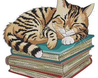 Peut inclure: Un chat tabby brun et noir dort sur une pile de livres. Les livres sont de différentes tailles et couleurs, notamment rouge, vert et marron.