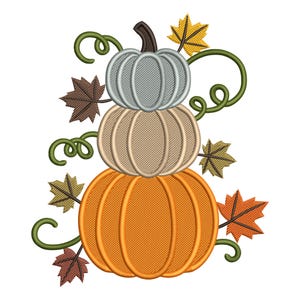 May include: A stacked pumpkin design with three pumpkins in orange, tan, and gray, adorned with green vines and colorful fall leaves. The embroidery is detailed, perfect for autumn-themed crafts and decor.