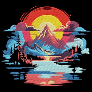Sunset Mountain Landscape Embroidery Design, Colorful Landscape Machine Embroidery File, Sunset Forest Embroidery File