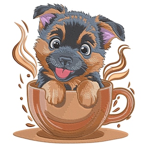 May include: An embroidered design of a puppy with black, brown, and tan fur, sitting inside a brown coffee cup. The puppy has its tongue sticking out and is surrounded by steam and coffee drops, all on a white background.
