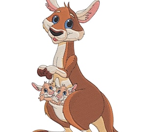 Kangaroo with Joeys Embroidery Design, Machine Embroidery Design, Australian Kangaroo Embroidery File