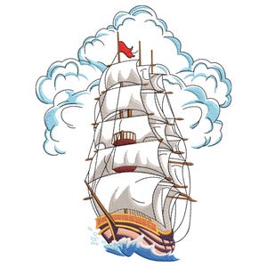 Pode incluir: Um veleiro branco com mastros e velas marrons, navegando por ondas azuis sob um céu nublado branco e azul.