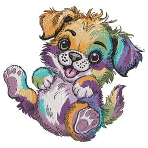 May include: An embroidered design of a cheerful puppy in a sitting pose. The puppy has its paws raised, tongue out, and a happy expression. The design uses a variety of colours, including orange, purple, blue, and green, creating a vibrant and playful image.