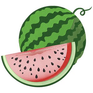 May include: An embroidered illustration of a watermelon. The whole watermelon is green with dark green stripes. A slice of watermelon is in front, showing red flesh, black seeds, and a green rind.