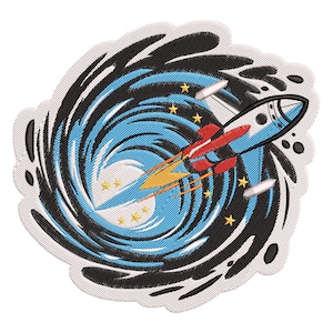 May include: A black and blue swirling space background with a red and white rocket ship flying through it. The rocket ship has a yellow flame and is surrounded by white stars.