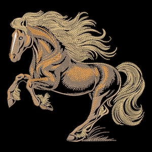 Op de afbeelding: Een gestileerde geborduurde afbeelding van een bruin paard met een vloeiende gouden manen en staart, op zijn achterpoten oprijzend.