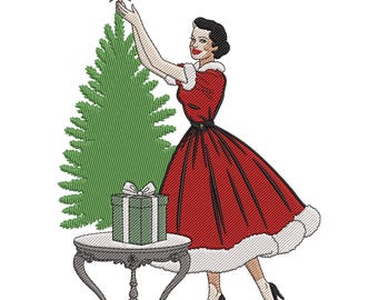 Vintage Lady Decorating Tree Embroidery Design, Retro Christmas Woman Machine Embroidery File