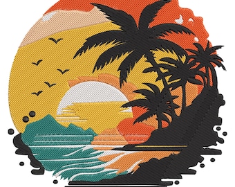Tropical Sunset Beach Embroidery Design, Palm Tree & Ocean Waves Embroidery File, Machine Embroidery Design