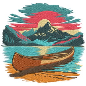 May include: A stylized illustration of a mountain landscape with a canoe on a lake. The scene features a sunset with a yellow sun, mountains, and a lake. The canoe is brown, and the water is blue. The sky is a mix of red and teal.