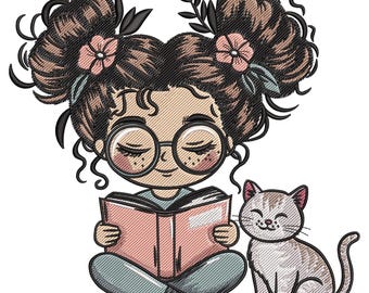 Peut inclure: Illustration brodée d'une fille lisant un livre, assise les jambes croisées, portant des lunettes. Ses cheveux sont coiffés en deux chignons ornés de fleurs. Un chat souriant est assis à côté d'elle, pour un design sur le thème du livre.