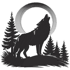 May include: Black silhouette of a howling wolf on a rocky outcrop, with pine trees and a textured moon in the background. The design is detailed and suitable for various applications.