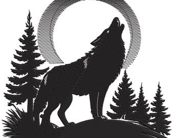 Howling Wolf Embroidery Design, Wolf Silhouette Machine Embroidery File, Wild Animal Howling Embroidery File, Machine Embroidery Design