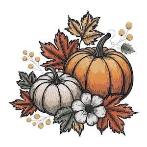 Könnte beinhalten: Gesticktes Design mit zwei Kürbissen, einem orangefarbenen und einem weißen, umgeben von Herbstblättern und Beeren. Eine weiße Blume befindet sich unten. Das Design vor weißem Hintergrund erinnert an Ernte oder Herbst.