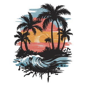 May include: Silhouette of palm trees against a sunset with a blue wave crashing in the foreground. The sunset is a gradient of orange, yellow, and pink.