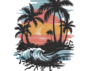 May include: Silhouette of palm trees against a sunset with a blue wave crashing in the foreground. The sunset is a gradient of orange, yellow, and pink.