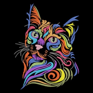 Puede incluir: Una ilustración abstracta de gato colorida con remolinos y líneas en tonos de naranja, amarillo, verde, azul y morado.