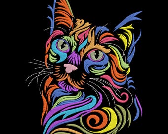 May include: A colorful, abstract cat illustration with swirls and lines in shades of orange, yellow, green, blue, and purple.