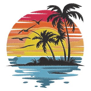 May include: An embroidered design of a sunset over a tropical island with palm trees and birds flying in the sky. The colors are red, orange, yellow, blue, and green.