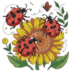 Può includere: Design ricamato con un girasole vibrante con petali gialli e arancioni. Tre coccinelle rosse con pois neri e una farfalla marrone sono posizionate attorno al fiore. Foglie verdi e un piccolo fiore giallo completano l'opera d'arte a tema natura.