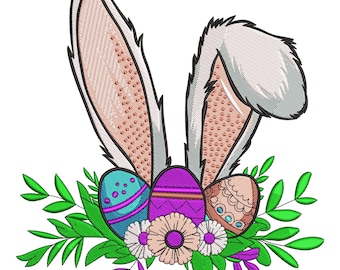 Easter Bunny Ears with Floral and Egg Embroidery Design, Bunny with easter egg machine embroidery, Easter bunny embroidery designs File