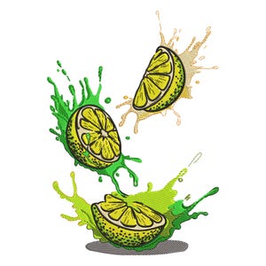 Peut inclure: Trois tranches de citron jaune avec des éclaboussures de jus vert et jaune. Les citrons sont disposés en forme de triangle, le citron du haut pointant vers le haut.