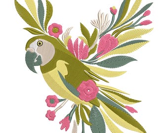 Motif de broderie perroquet, accents floraux, motif de broderie Machine, fichier de broderie oiseau coloré