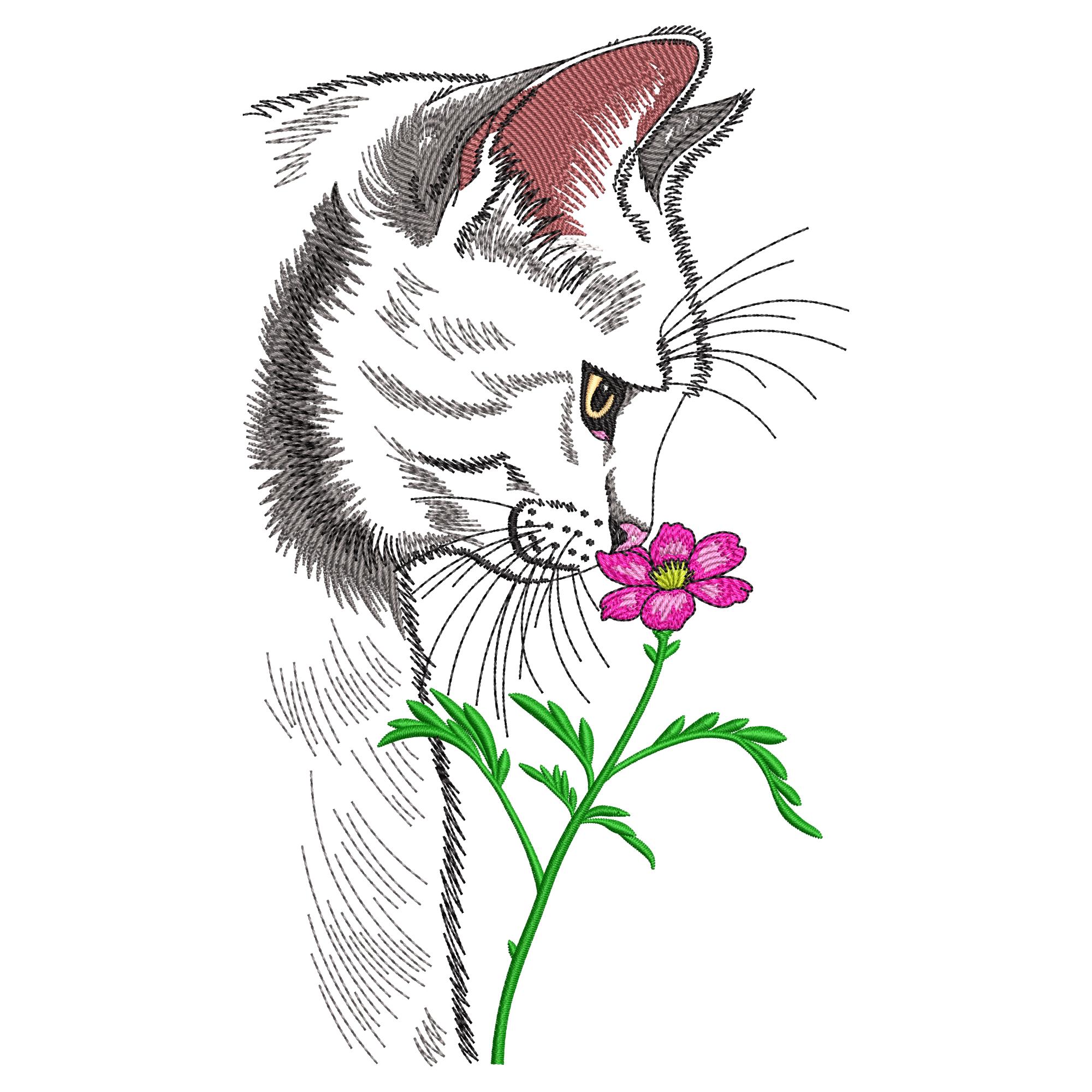 Cat Sniffing Flower Embroidery Design, Animal Machine Embroidery File, Cat Machine Embroidery Design, Cat Lover Embroidery File