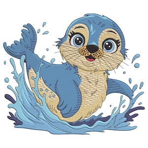 Puede incluir: Una foca de dibujos animados con pelaje azul y nariz marrón está chapoteando en agua azul. La foca tiene ojos grandes y redondos y una expresión feliz.