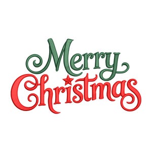 Puede incluir: Un diseño festivo con las palabras "Merry Christmas" en una fuente de escritura. La palabra "Merry" es verde, y "Christmas" es roja, con una estrella roja. El diseño está sobre un fondo blanco.