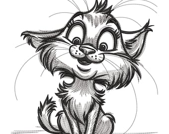 Diseño de bordado de gato con boceto caprichoso, diseño de bordado a máquina para amantes de los gatos, bordado a máquina digital de gato enamorado, diseño de bordado de animales