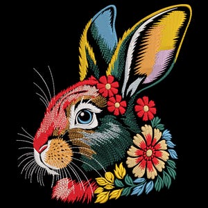 Floral Bunny Embroidery Design,Bunny Machine Embroidery File, Rabbit Embroidery Design