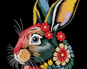 Floral Bunny Embroidery Design,Bunny Machine Embroidery File, Rabbit Embroidery Design