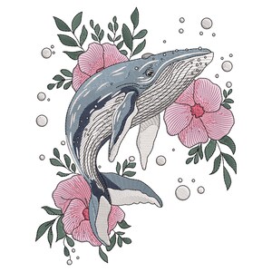 Puede incluir: Una ballena azul con un patrón blanco y gris nada a través de un campo de flores rosas con hojas verdes. La ballena está rodeada de burbujas blancas.