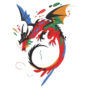 Color Splash Dragon Embroidery Design, Colorful Mystic Dragon Machine Embroidery, Chinese dragon Embroidery File