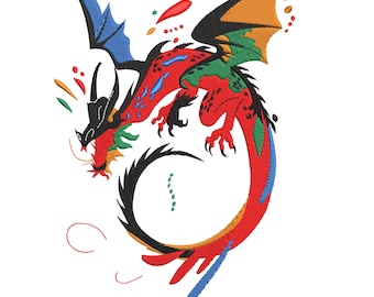 Color Splash Dragon Embroidery Design, Colorful Mystic Dragon Machine Embroidery, Chinese dragon Embroidery File