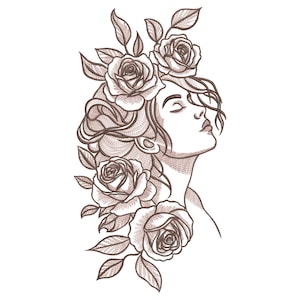 Op de afbeelding: Een lijntekening van een vrouw met haar ogen dicht, omringd door rozen. Het haar van de vrouw stroomt en ze draagt een kroon van rozen.