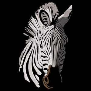 May include: An embroidered zebra head with white and gray stripes against a black background. The zebra's eye and ear are visible, and the design has a textured, stitched appearance. The zebra's mouth is open, and a brown shape is visible.