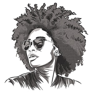 May include: Black and white line art illustration of a person with curly hair wearing sunglasses. The person is looking up and to the right.
