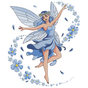 May include: A blue fairy with wings and a flower crown dances in a circle of blue forget-me-not flowers.