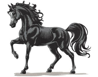 Majestic Black Horse Embroidery Design, Equestrian Stallion Pattern Machine Embroidery File, Instant Download