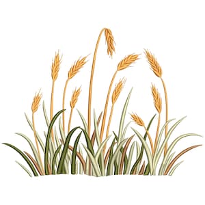 May include: An illustration of wheat stalks and blades of grass in shades of gold, green, and brown. The wheat is fully developed with detailed textures, and the grass blades are long and slender. The image is set against a white background.