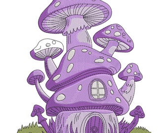 Purple Mushroom House Embroidery Design, Mushrooms & Rose Embroidery File, Machine Embroidery Design, Floral Embroidery File